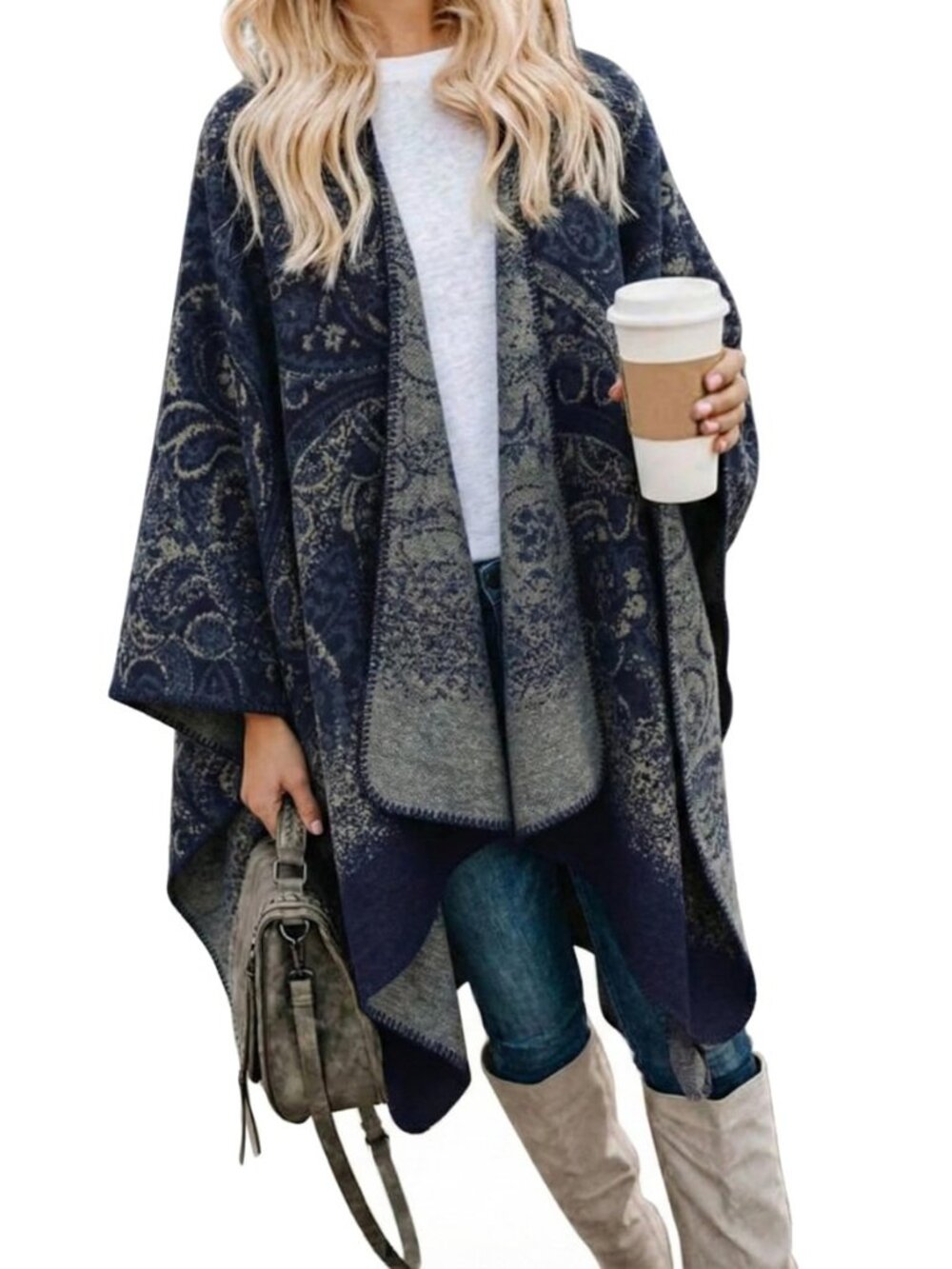 Women's Boho Open Front Poncho Cardigan Plaid Shawl Wrap Cape